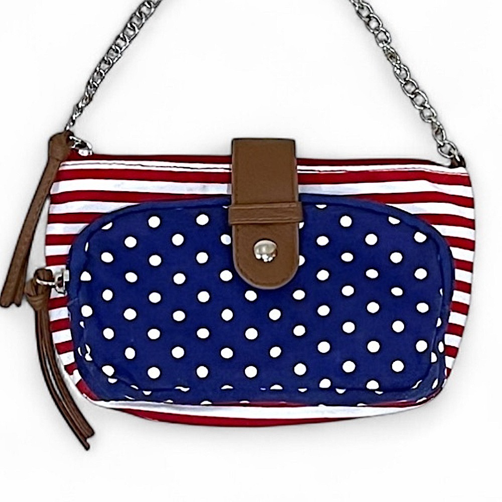 Patriotic American Flag Crossbody Bag Red White & Blue Stripes Polka Dot Purse - Picture 2 of 14
